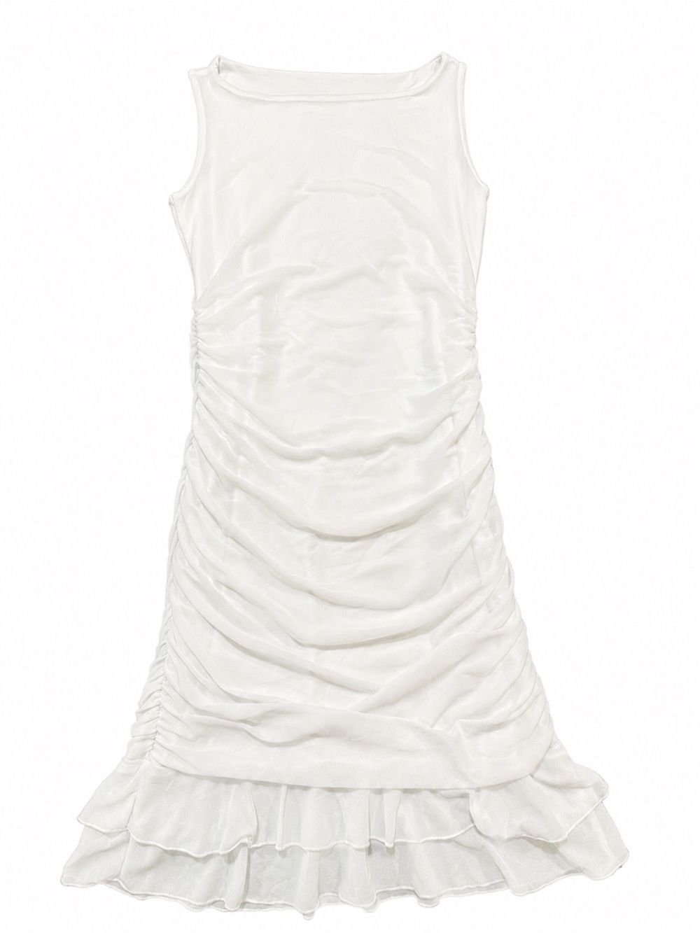 Women’s White Ruched Tank Dress with Ruffle Hem